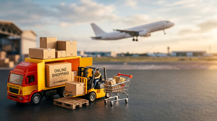 Naklejka premium Global e-commerce logistics Truck, forklift, and airplane symbolizing fast delivery of online shopping packages
