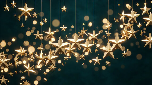 Golden hanging stars with bokeh light effect on a dark green background for holiday celebration