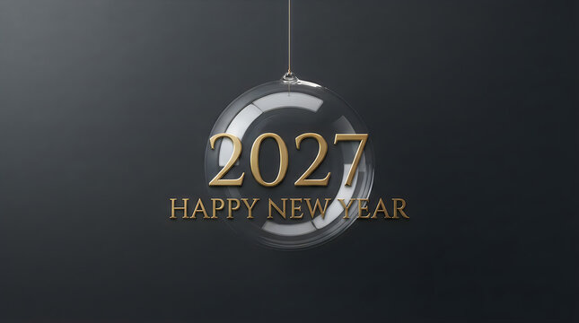 Happy new year 2027 gold text inside a hanging glass bauble on a dark black background