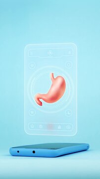 Doctor using mobile app interface on smartphone for gastric health diagnosis, innovative technology for early detection of GERD, acid reflux, stomach ulcers and tumors. Light blue background.