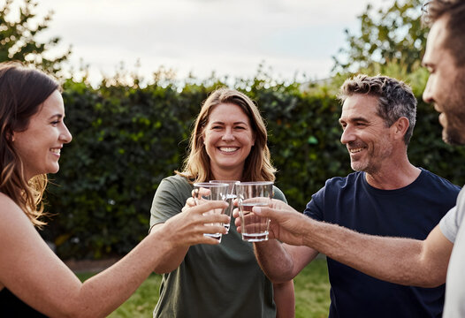 Group of happy friends toasting with water glasses outdoors, celebrating friendship and healthy lifestyle in a garden setting