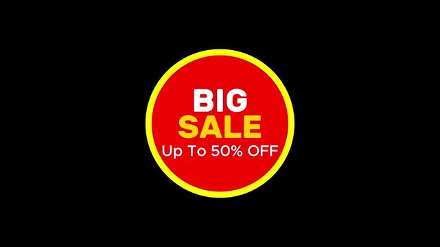 Big sale up to 50% off animated badge for e-commerce marketing and retail promotions animation 4k discount on transparent background.