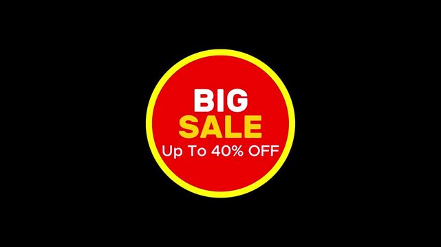 Big sale up to 40% off animated badge for e-commerce marketing and retail promotions animation 4k discount on transparent background.