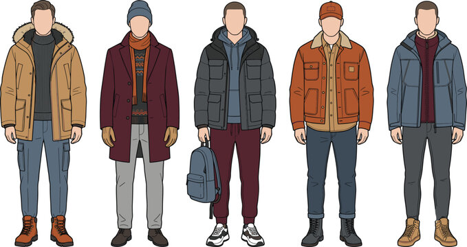 Set of Men's Winter Fashion Outfits Vector Illustration Featuring Outerwear Coats and Warm Clothing