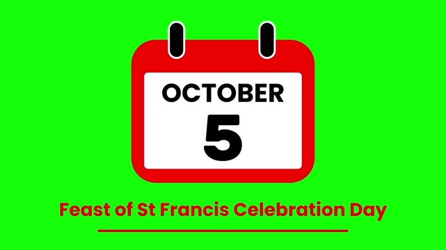 Animated Calendar Flipping to October 5 Feast of St Francis Celebration Day Event Countdown on green screen.