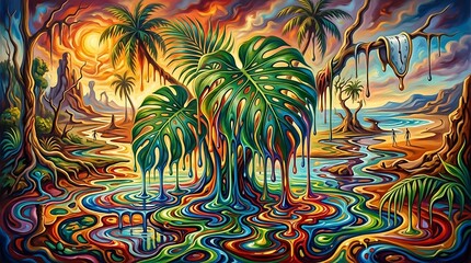 Obraz premium Surreal Tropical Landscape with Melting Colors and Vibrant Jungle Foliage
