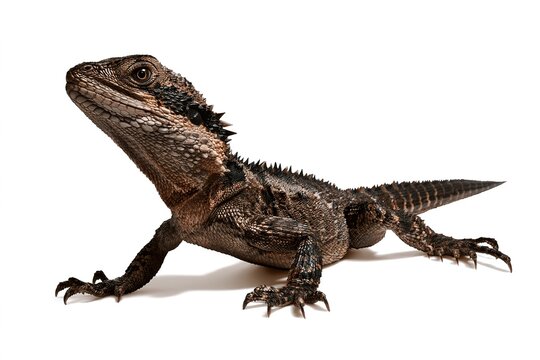 Australian water dragon reptile, detailed scales and spiky crest, posed on white background, full body shot.