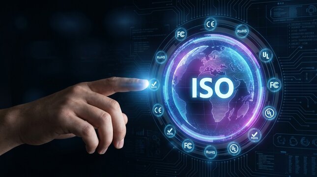 Iso certification and international standards for quality management and compliance concept with digital globe and icons