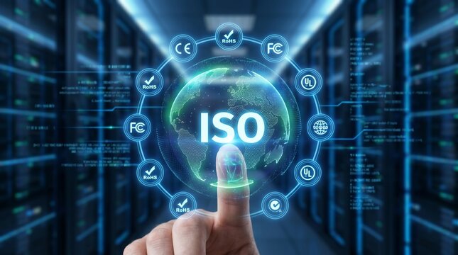 Finger touching a digital interface with iso certification icons and a glowing globe in a server room data center
