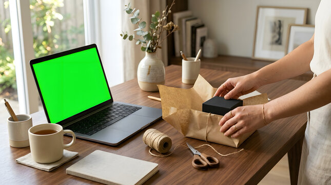 Unboxing and setting up new products with laptop green screen on desk greenscreen packaging unboxing shipping ecommerce workspace productivity delivery wrapping scissors