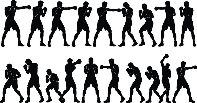 Boxing Silhouette Set, Boxer Fighting Poses, Black Vector Collection