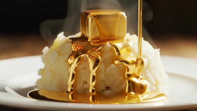 Liquid Gold Butter Dripping Onto Steaming Hot Mashed Potatoes in Surreal Macro View