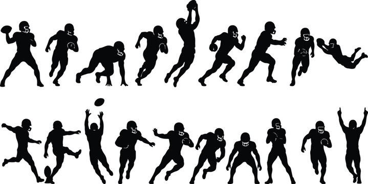 American Football Player Silhouette Set, Sports Action Poses, Black Vector Collection