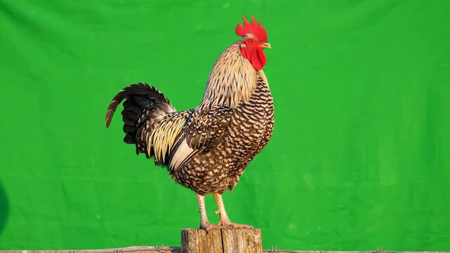 Rooster standing on a farm fence crowing loudly at dawn against a bright green screen background for easy keying and video editing
