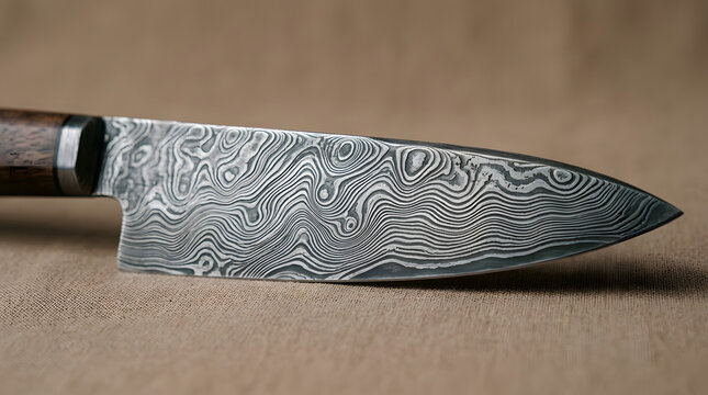 Sharp damascus steel kitchen knife featuring intricate wavy patterns and a wooden handle rests on a textured light brown background