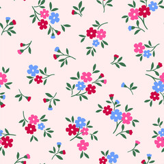 Delicate floral pattern with pink blue red blossoms and green leaves on a light pink background © SA Graphic Desing