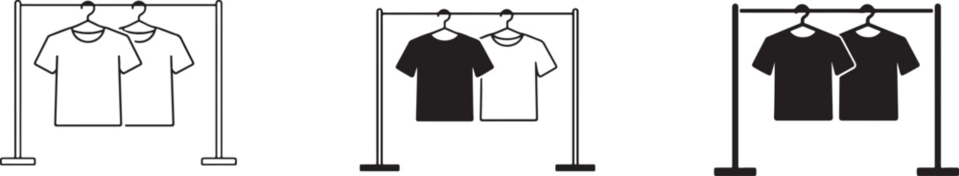 Fitting room icon set with T-shirt, hanger and changing room symbols. Colorful flat vector design.