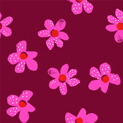 Pink daisy pattern with red centers on a deep red background with a painterly texture © SA Graphic Desing