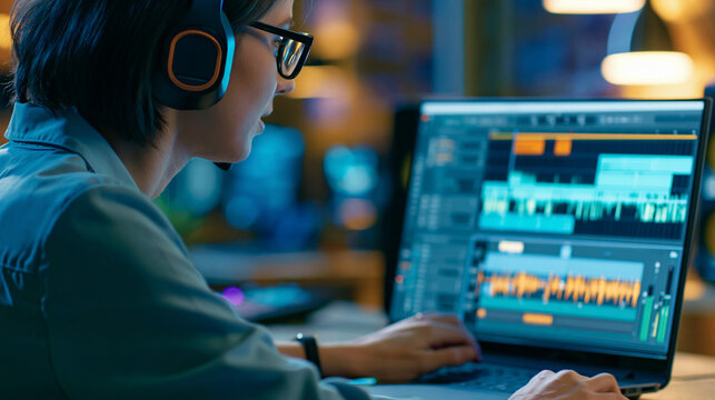 Faceless audio producer editing a podcast episode on a digital audio workstation, waveforms and edit markers visible on screen, defocused studio in background, podcast audio