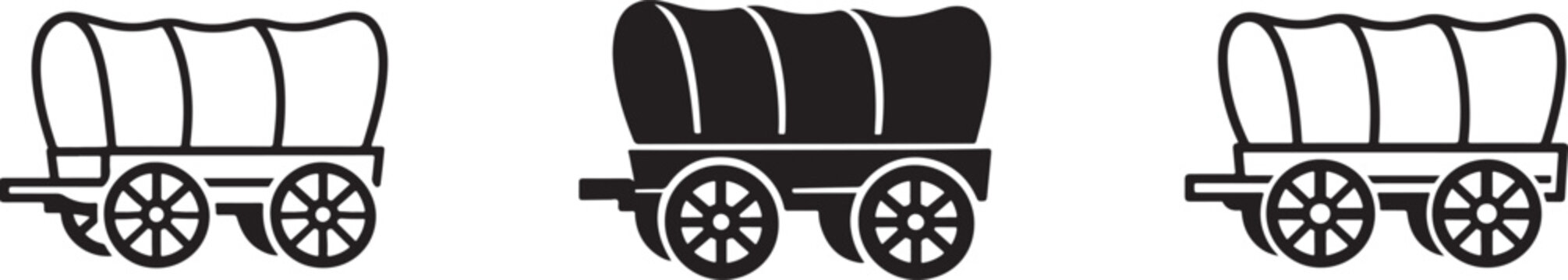 Covered wagon icon set with filled and outline styles. Black vector symbols isolated on white. EPS10