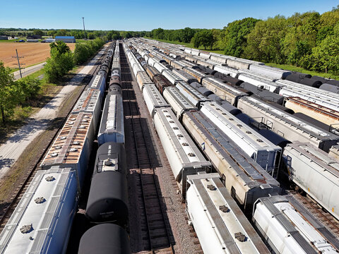 Aerial View of Rail Yard with assorted Train Cars