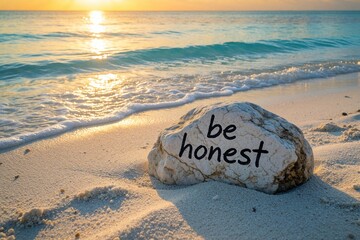 Fototapeta premium Stone with text be honest rests on sandy beach. Calm ocean waves lap the shore at golden hour sunset. Serene seaside view inspires truth and integrity. Peaceful tropical vacation scene.