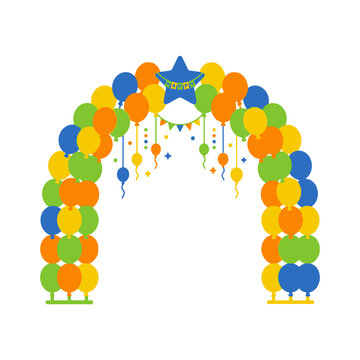A colorful balloon arch stands against a plain white background