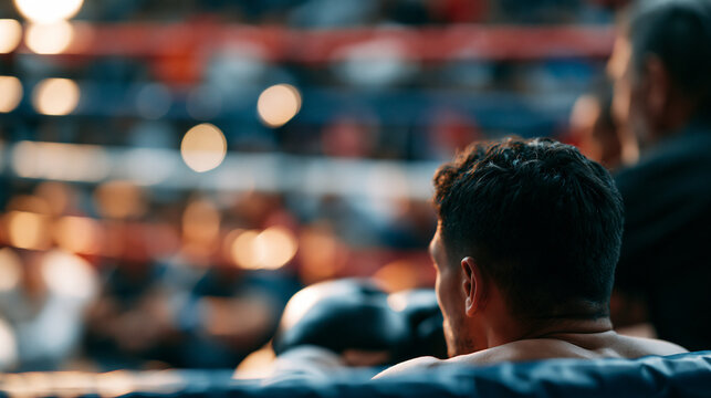 Faceless young boxer seated in a corner of the ring between rounds, catching breath with a trainer nearby, defocused ring and crowd in background, boxer corner rest concept