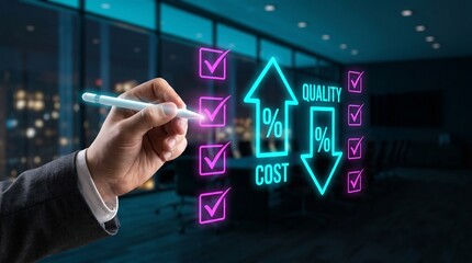 Obraz premium Business professional hand drawing a digital interface showing increasing quality and decreasing cost percentages