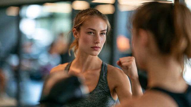 Faceless young female athlete shadow boxing in front of a mirror in a professional gym, technique refinement and self-analysis visible, defocused mirror and gym in background,