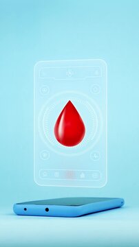 A doctor's hand displays a medical interface on a smartphone, showing a blood drop icon for managing blood donations and registering donors. Light blue background.