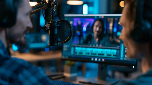Faceless podcast host interviewing a guest via video call on a monitor, remote podcast recording session visible, defocused studio setup in background, remote podcast interview