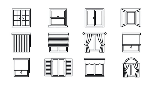Window frames and interior blind design icons.