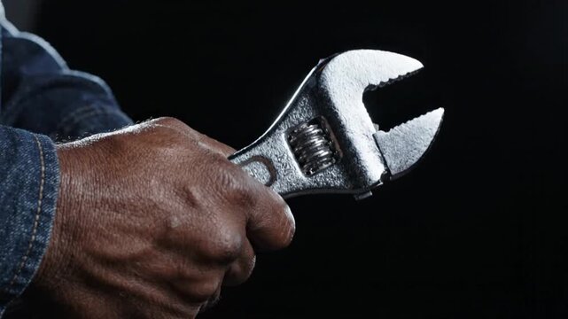 Close-up of a man's hand holding a metal adjustable wrench against a dark background.
