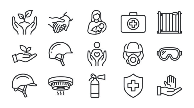 Workplace safety and healthcare protection line icon set.