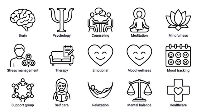 Mental health and psychology line icon set