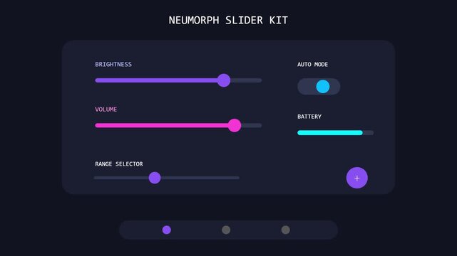 Modern Dark Mode Neumorphism User Interface Components Set Featuring Adjustable Sliders Toggles and Range Controls for Digital Dashboard Applications