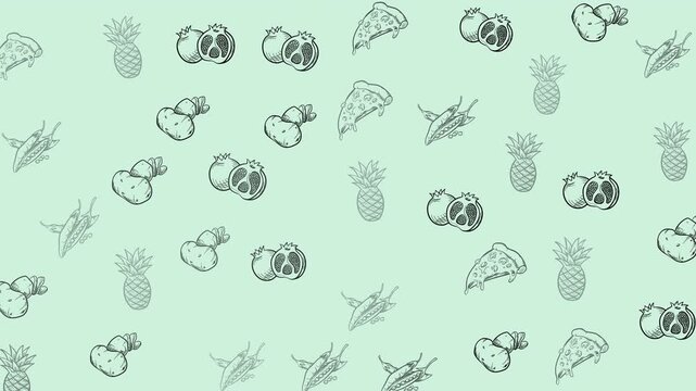 Animated seamless produce doodle pattern on pale mint background