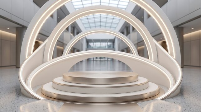 Futuristic white podium with glowing neon arches, modern exhibition stage for product presentation, luxury showroom interior
