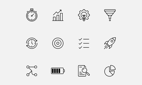 Efficiency line editable icon set. Containing productivity, optimization, resource utilization, effectiveness, streamlining, time management