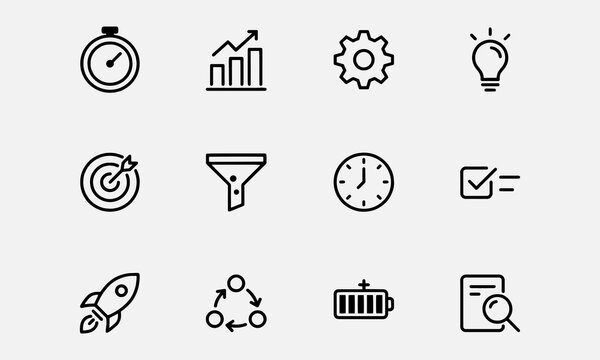 Efficiency line editable icon set. Containing productivity, optimization, resource utilization, effectiveness, streamlining, time management