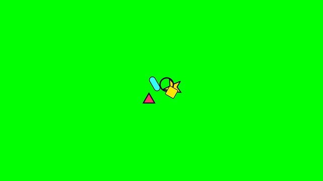 A cluster of colorful geometric shapes isolated on a vibrant green screen