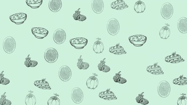 Animated seamless mixed fruit doodle pattern on mint background