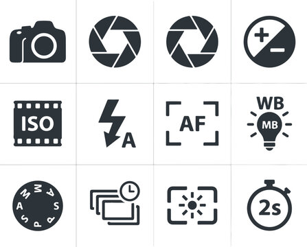 Photography Essential Functions Icons Set for Camera Control and Creative Adjustments
