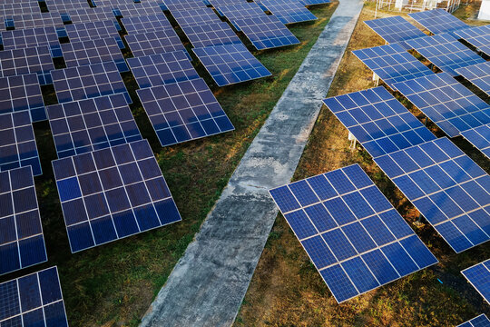 Aerial View of Large Solar Power Plant with Photovoltaic Panels for Renewable Energy