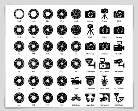 Photography Icons Representing Camera Lenses Aperture Settings and Accessories