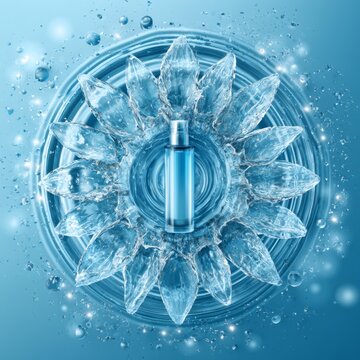 Hydrating blue skincare serum bottle surrounded by crystal water petals and droplets