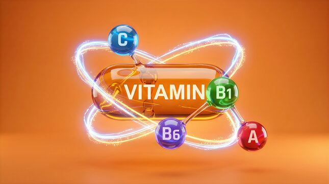 Multivitamin capsule with orbiting vitamin molecules and chemical structures on an orange background
