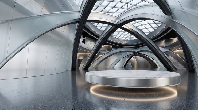 Futuristic architectural interior with metallic arches, empty circular display podium, modern sci-fi exhibition hall background