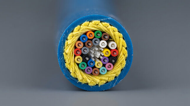 Close up cross section view of fiber optic cable showing colorful internal wires and yellow protective aramid yarn fibers bundle
